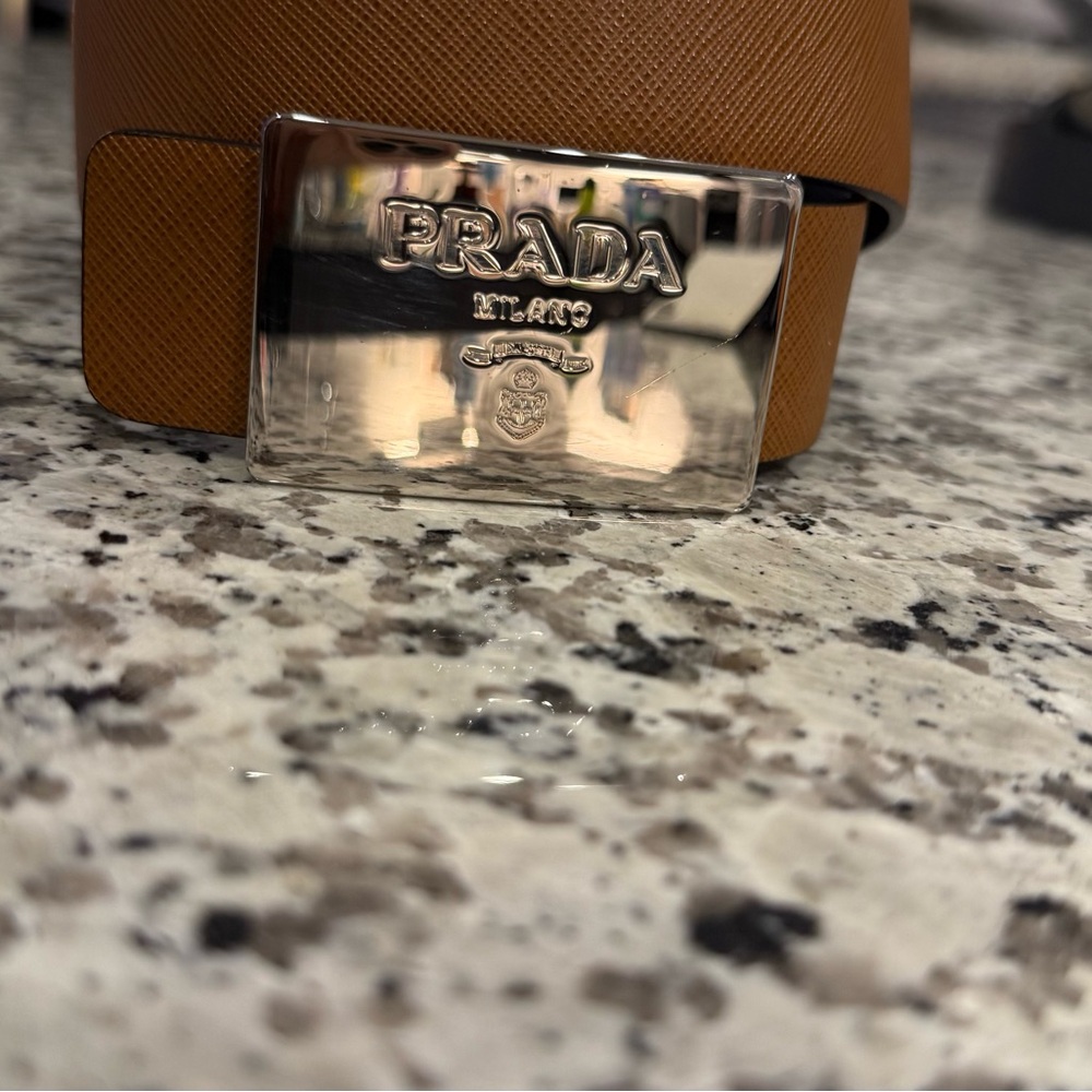 Prada Men's Tan Saffiano Leather Belt with Silver Buckle